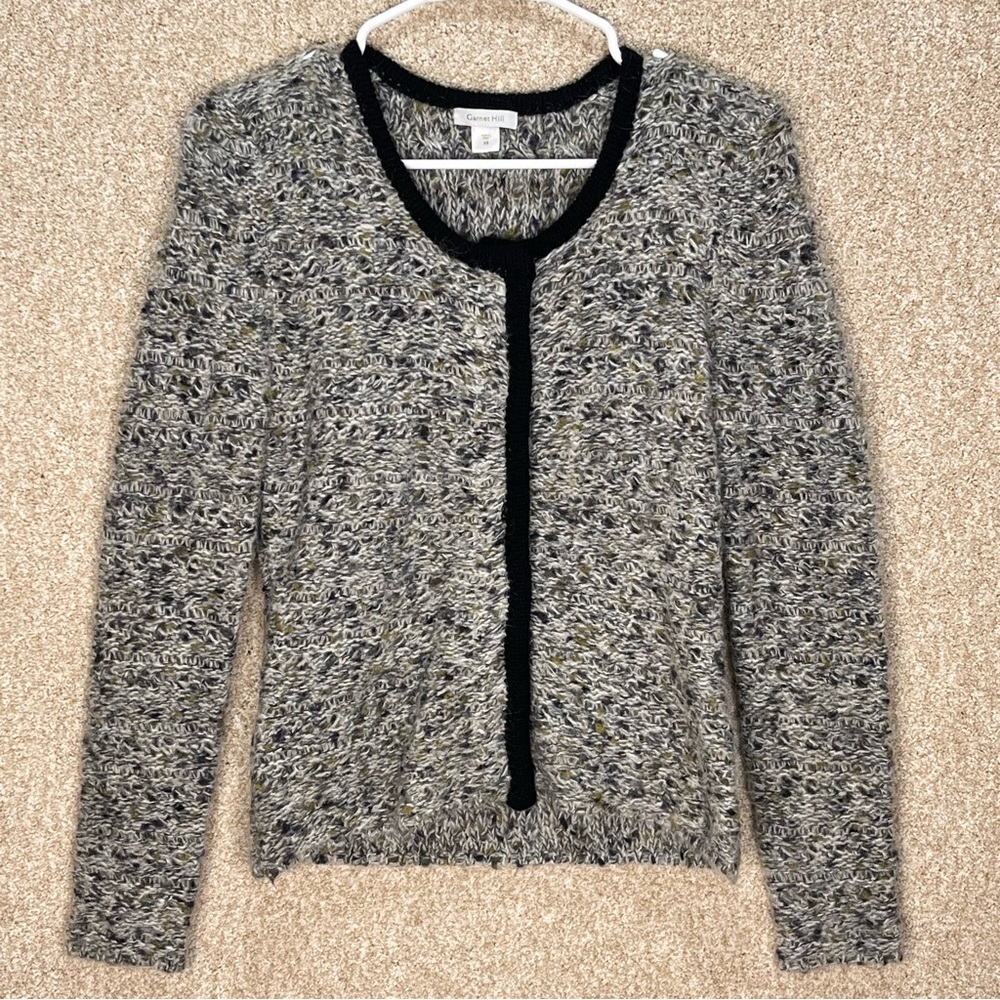 Imperfect Garnet Hill cardigan speckled knit wool mohair blend snap buttons fall